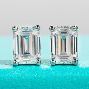 Certified 4ct. t.w. Moissanite Diamond Emerald Cut Stud Earrings NEW